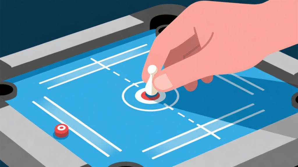 Ilustrasi close-up tangan memegang striker di atas papan carrom digital, dengan garis target yang memudar menuju bidak sasaran, gaya flat design minimalis, skema warna biru dan abu-abu, fokus pada presisi dan sudut high quality illustration, detailed, 16:9