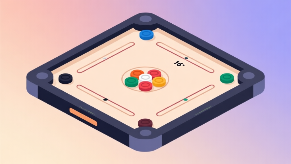 Ilustrasi minimalis papan carrom digital dengan bidak-bidak berwarna, latar belakang gradient lembut, desain bersih dan modern, konsep akses instan high quality illustration, detailed, 16:9