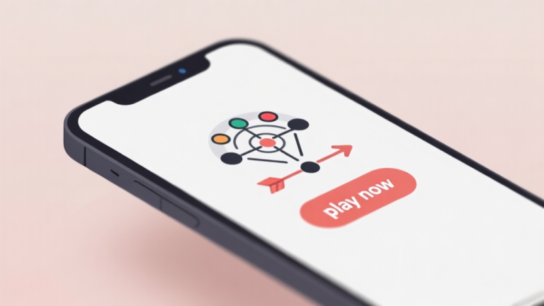 自动生成图片: Ilustrasi minimalis layar ponsel dengan ikon permainan carrom dan panah "play now", latar belakang lembut, desain bersih yang menekankan kecepatan dan kemudahan akses high quality illustration, detailed, 16:9