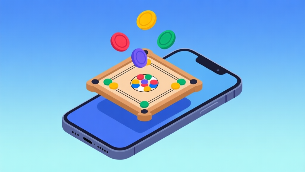 Ilustrasi grafis minimalis papan carrom digital dengan kepingan berwarna-warni melayang di atas smartphone, latar belakang gradien biru muda, gaya desain bersih dan modern high quality illustration, detailed, 16:9