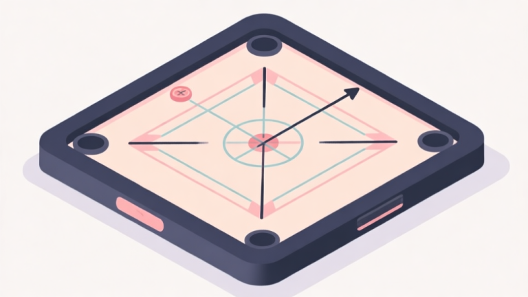 自动生成图片: Ilustrasi minimalis papan carrom digital dengan panah dan garis bantu berwarna pastel lembut, latar belakang bersih, gaya desain antarmuka modern, fokus pada konsep latihan dan presisi high quality illustration, detailed, 16:9