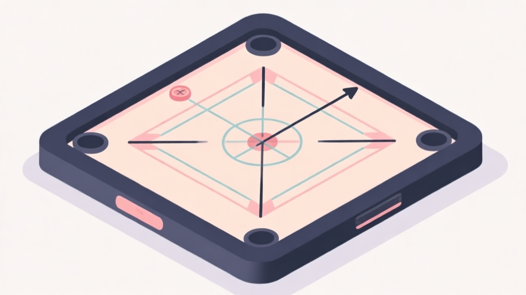 Ilustrasi minimalis papan carrom digital dengan panah dan garis bantu berwarna pastel lembut, latar belakang bersih, gaya desain antarmuka modern, fokus pada konsep latihan dan presisi high quality illustration, detailed, 16:9