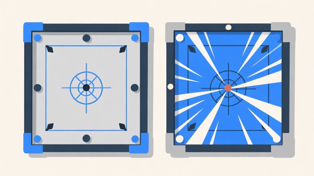 Ilustrasi dua papan carrom berdampingan, satu dengan suasana tenang dan strategis, satu dengan efek visual kecepatan dan dinamika, gaya ilustrasi digital minimalis dengan skema warna biru dan abu-abu high quality illustration, detailed, 16:9