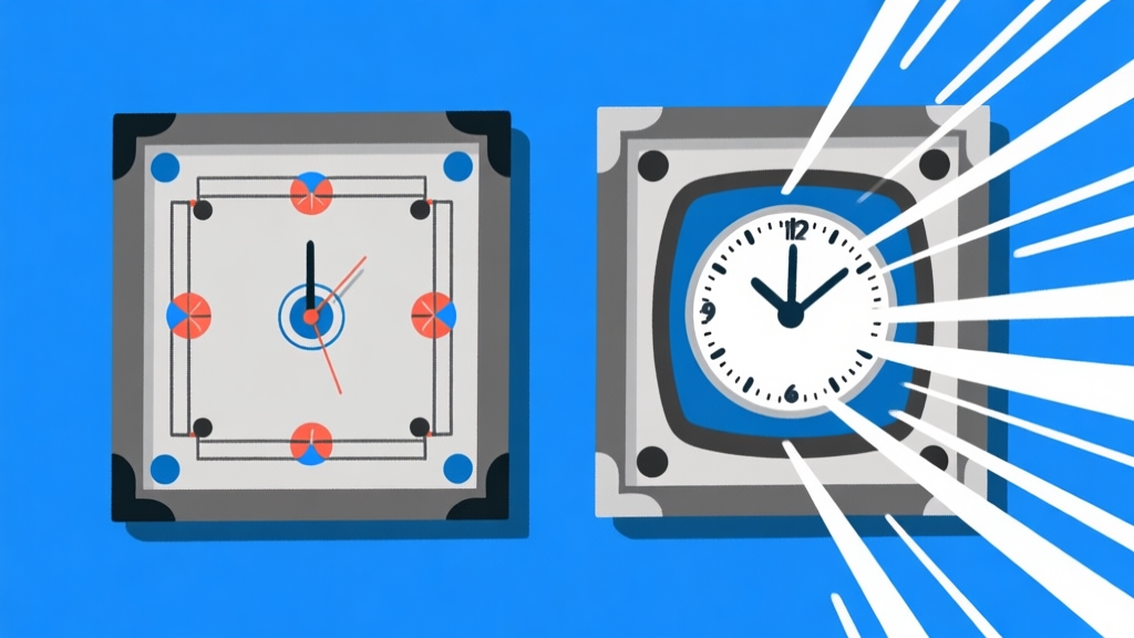 Ilustrasi dua papan carrom berdampingan, satu dengan suasana tenang dan waktu normal, satunya dengan jam digital besar berdetak cepat dan efek visual garis-garis kecepatan, gaya ilustrasi digital yang bersih, skema warna biru dan abu-abu high quality illustration, detailed, 16:9
