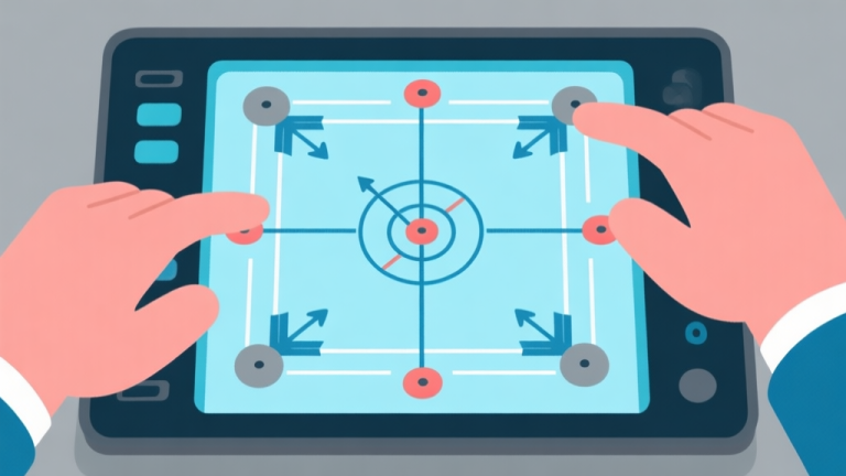 自动生成图片: Ilustrasi dua tangan bermain carrom online di papan digital, dengan garis panah dan lingkaran yang menunjukkan analisis strategi, skema warna biru muda dan abu-abu, desain minimalis bersih, gaya infografis high quality illustration, detailed, 16:9