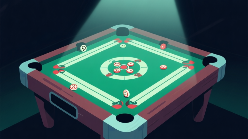 Ilustrasi digital papan Carrom dengan bidak-bidak bercahaya, latar belakang gelap dengan sorotan dramatis, menangkap ketegangan momen kompetitif, gaya ilustrasi game modern minimalis high quality illustration, detailed, 16:9