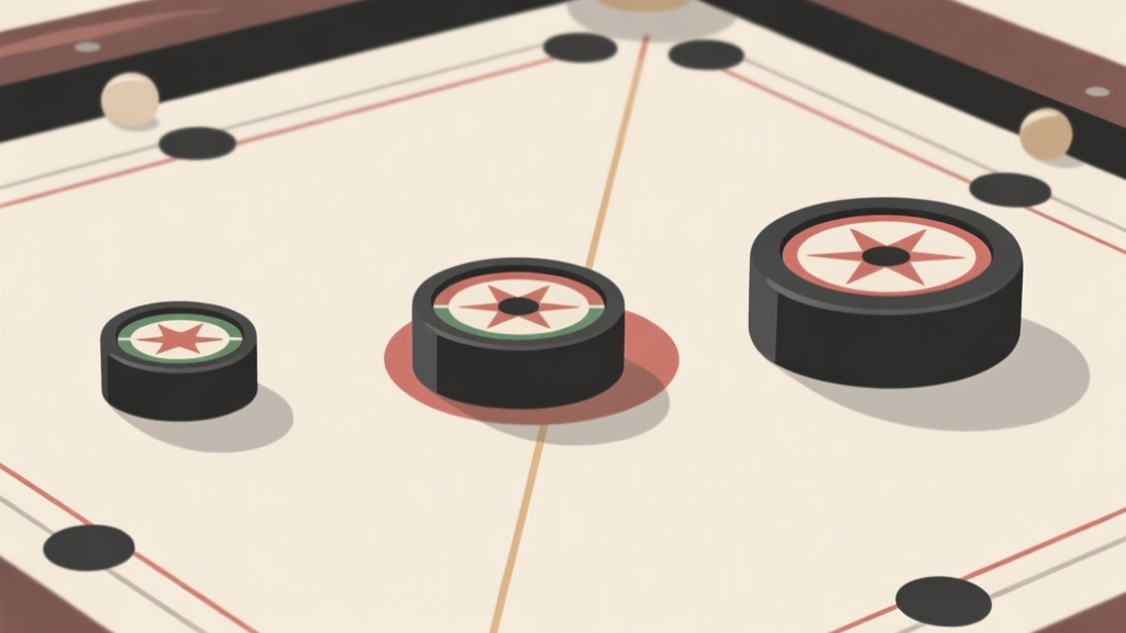 Ilustrasi grafis minimalis tiga striker carrom dengan skala berat berbeda di atas papan carrom, ditampilkan dari ringan, sedang, hingga berat, dengan warna netral dan bayangan halus high quality illustration, detailed, 16:9