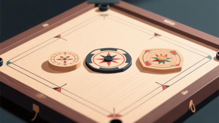 自动生成图片: Komposisi minimalis tiga striker carrom dengan desain berbeda di atas papan carrom, cahaya lembut menyoroti tekstur permukaan, nuansa natural dan profesional, ilustrasi konsep review produk high quality illustration, detailed, 16:9