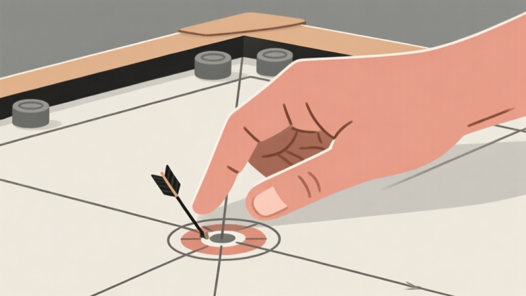 自动生成图片: Ilustrasi diagram tangan memegang striker carrom dengan panah menunjukkan arah gaya dan titik kontak, skema warna netral, gaya garis bersih minimalis, konsep teknik olahraga high quality illustration, detailed, 16:9