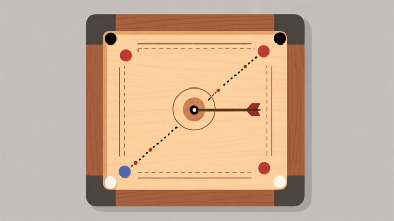 自动生成图片: Ilustrasi minimalis papan carrom dengan panah dan garis putus-putus menunjukkan lintasan bidak, skema warna kayu hangat dan abu-abu lembut, gaya diagram ilmiah yang bersih high quality illustration, detailed, 16:9