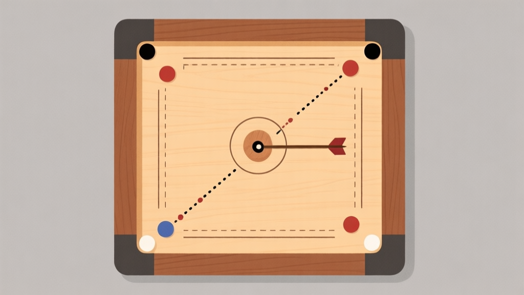 Ilustrasi minimalis papan carrom dengan panah dan garis putus-putus menunjukkan lintasan bidak, skema warna kayu hangat dan abu-abu lembut, gaya diagram ilmiah yang bersih high quality illustration, detailed, 16:9