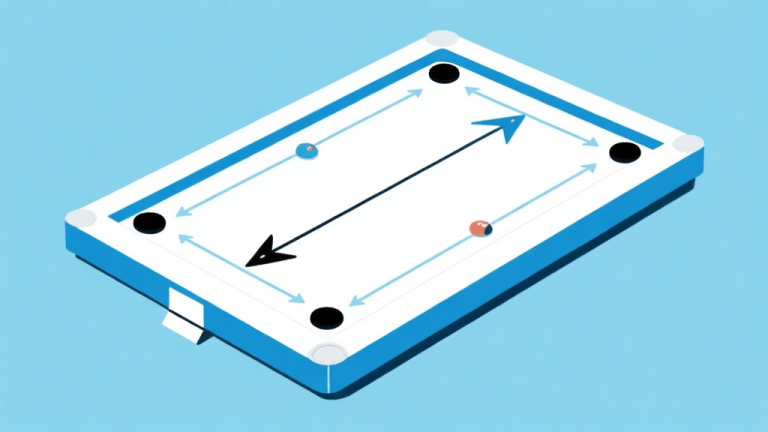 自动生成图片: Ilustrasi diagram sederhana papan carrom dengan panah menunjukkan jalur tembakan panjang dan pendek, skema warna biru muda dan putih, desain minimal bersih, gaya presentasi teknik high quality illustration, detailed, 16:9