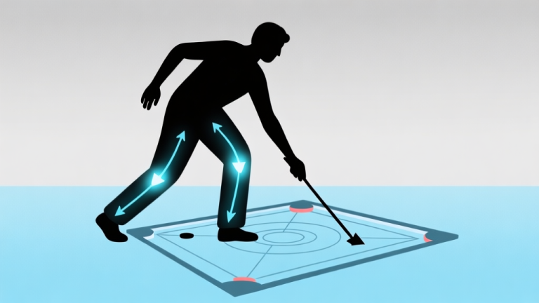 自动生成图片: Ilustrasi diagram sederhana sosok siluet dalam posisi bermain carrom, dengan panah menunjukkan aliran energi dari kaki, melalui tubuh, lengan, hingga ke striker, skema warna biru muda dan abu-abu, desain minimal bersih high quality illustration, detailed, 16:9