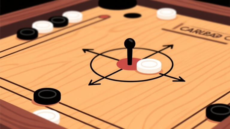 自动生成图片: Ilustrasi close-up papan Carrom dengan striker dan beberapa piringan putih dan hitam dalam jarak dekat, garis bidikan digambarkan dengan panah tipis, gaya ilustrasi clean vector dengan warna kayu papan yang hangat dan fokus pada detail permukaan high quality illustration, detailed, 16:9