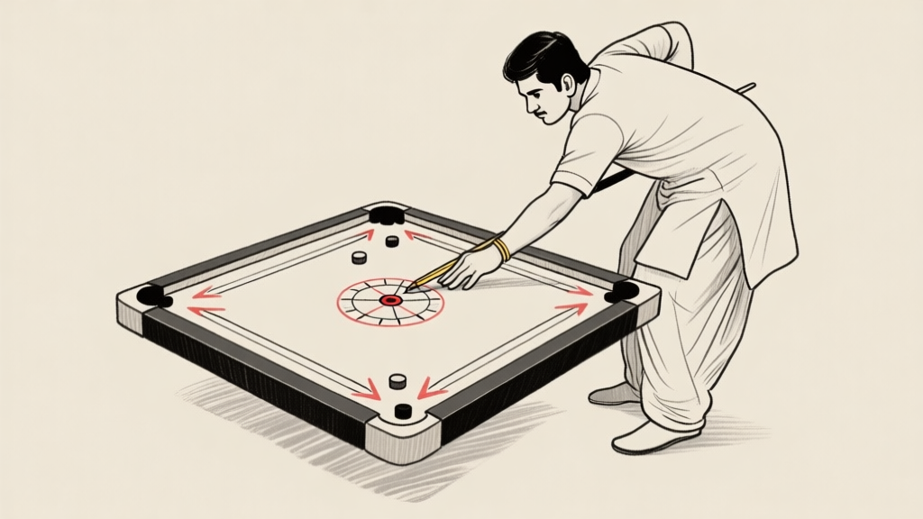 Ilustrasi diagram kesalahan umum dalam short strike carrom, menunjukkan sudut yang salah, tenaga berlebihan, dan posisi tubuh tidak stabil, dalam gaya sketsa clean dengan warna netral high quality illustration, detailed, 16:9