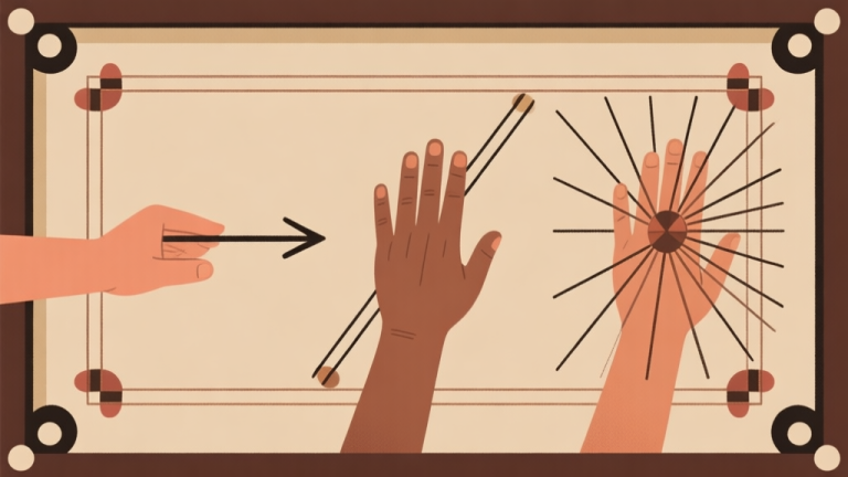 自动生成图片: Ilustrasi minimalis tiga level skill carrom: sisi kiri gambar tangan pemula dengan panah sederhana, tengah tangan menengah dengan dua jalur sudut, kanan tangan lanjutan dengan banyak garis sudut dan pantulan, latar belakang papan carrom samar, warna earth tone high quality illustration, detailed, 16:9