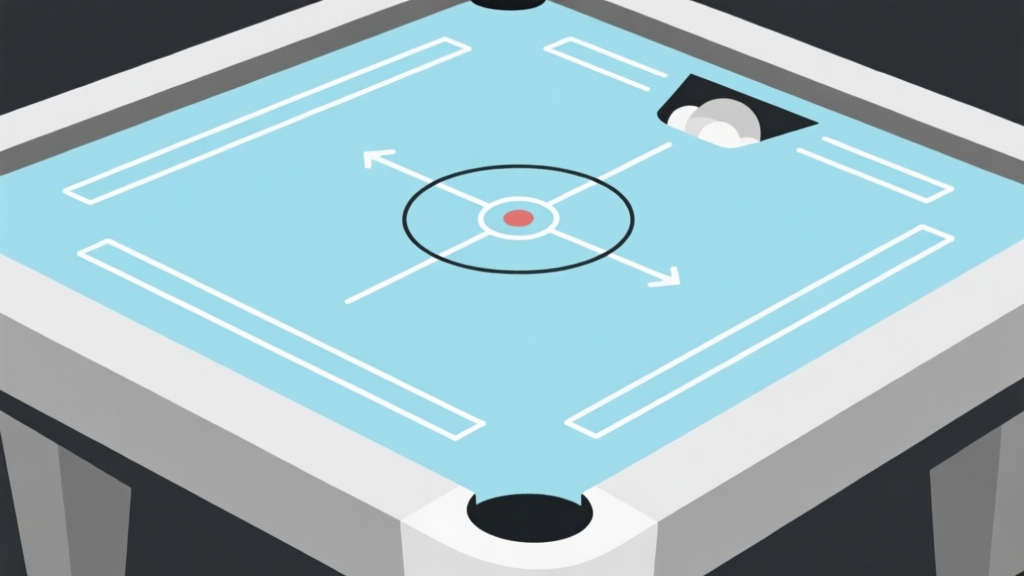 Ilustrasi minimalis papan carrom dengan bidikan yang melambat mendekati pocket, ditunjukkan dengan garis panah yang memudar, skema warna biru muda dan abu-abu, gaya desain bersih, konsep hambatan tak terlihat high quality illustration, detailed, 16:9