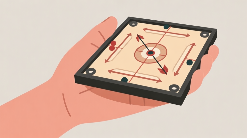 Ilustrasi diagram tangan memegang striker carrom dengan panah menunjukkan arah gaya, sudut, dan titik kontak, skema warna netral, gaya minimalis, konsep pendidikan olahraga high quality illustration, detailed, 16:9