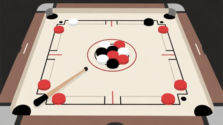 自动生成图片: Ilustrasi minimalis papan carrom dari atas, menunjukkan posisi awal bidak putih, hitam, dan merah (queen) di tengah, serta striker di garis baseline. Warna netral, desain bersih untuk panduan pemula. high quality illustration, detailed, 16:9