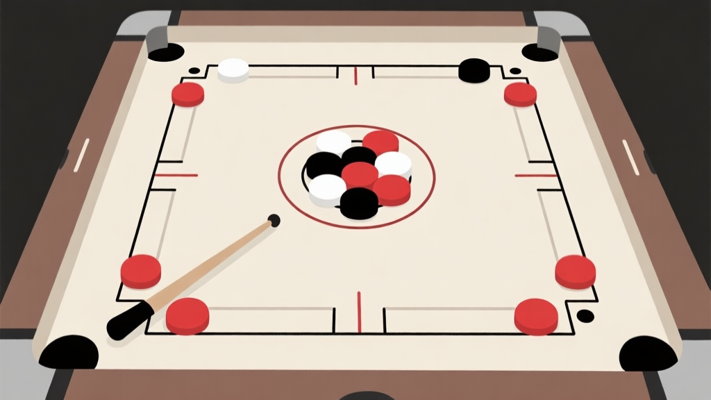 Ilustrasi minimalis papan carrom dari atas, menunjukkan posisi awal bidak putih, hitam, dan merah (queen) di tengah, serta striker di garis baseline. Warna netral, desain bersih untuk panduan pemula. high quality illustration, detailed, 16:9