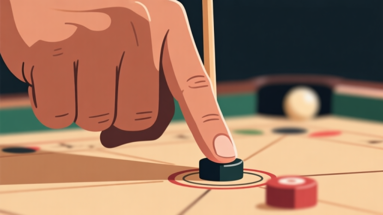自动生成图片: Ilustrasi close-up tangan pemula carrom yang sedang memegang striker dengan posisi jari yang kaku dan tidak tepat, fokus pada sudut jari dan striker, latar belakang papan carrom blur, gaya ilustrasi clean vector dengan warna earth tone high quality illustration, detailed, 16:9