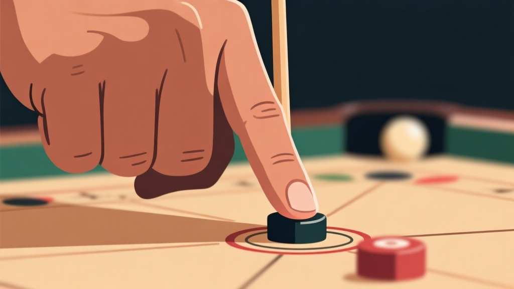 Ilustrasi close-up tangan pemula carrom yang sedang memegang striker dengan posisi jari yang kaku dan tidak tepat, fokus pada sudut jari dan striker, latar belakang papan carrom blur, gaya ilustrasi clean vector dengan warna earth tone high quality illustration, detailed, 16:9