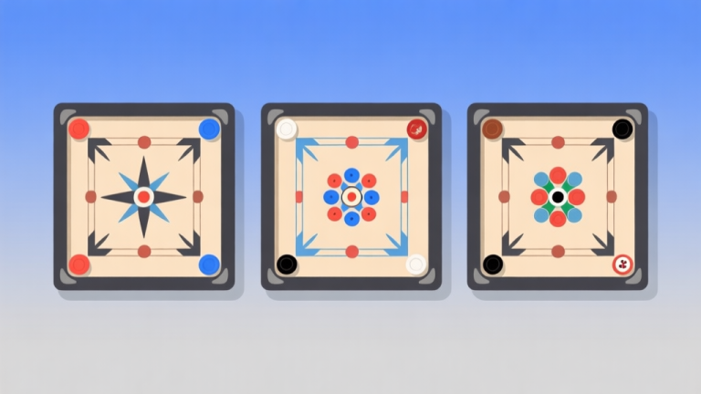 自动生成图片: Ilustrasi minimalis tiga papan carrom dengan pola bidak yang berbeda, masing-masing merepresentasikan gaya bermain unik, latar belakang soft gradient biru dan abu-abu, gaya profesional dan bersih high quality illustration, detailed, 16:9