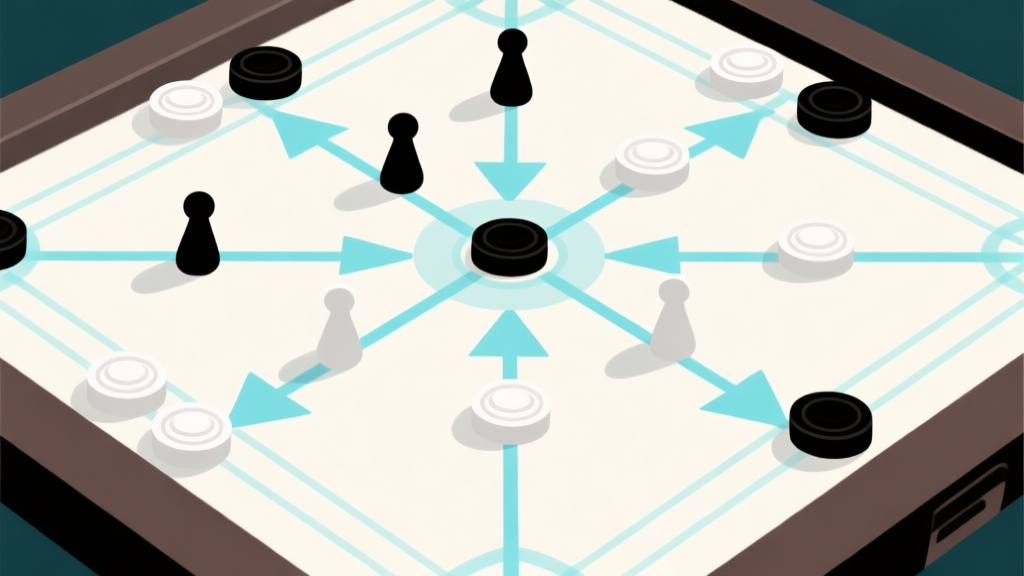 Ilustrasi papan carrom dilihat dari atas dengan bidak-bidak berwarna hitam dan putih tersebar. Garis-garis transparan dan panah berwarna biru muda menghubungkan bidak-bidak, membentuk pola strategis seperti jaringan. Gaya minimalis, clean, dengan fokus pada geometri dan koneksi. high quality illustration, detailed, 16:9