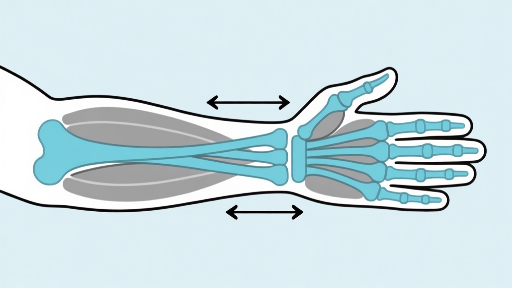Ilustrasi diagram anatomi tangan dan lengan yang disederhanakan dengan garis panah menunjukkan arah gaya, skema warna biru muda dan abu-abu, desain minimal bersih, gaya presentasi teknis high quality illustration, detailed, 16:9