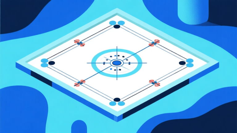 自动生成图片: Ilustrasi konsep mental game Carrom, menunjukkan papan Carrom dengan aura fokus di sekitarnya, skema warna biru muda dan putih, desain minimal bersih, gaya ilustrasi abstrak high quality illustration, detailed, 16:9