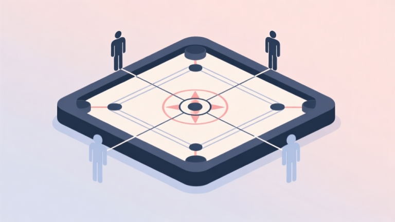 自动生成图片: Ilustrasi minimalis papan Carrom digital dengan ikon orang di sekelilingnya, terhubung oleh garis tipis, latar belakang pastel lembut, gaya modern dan bersih high quality illustration, detailed, 16:9