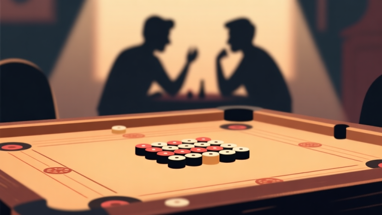 自动生成图片: Ilustrasi minimalis papan carrom dengan cahaya hangat, fokus pada sekelompok bidak yang teratur di tengah, latar belakang blur dengan siluet dua pemain bersahabat, nuansa tenang dan privat, gaya ilustrasi digital yang bersih high quality illustration, detailed, 16:9