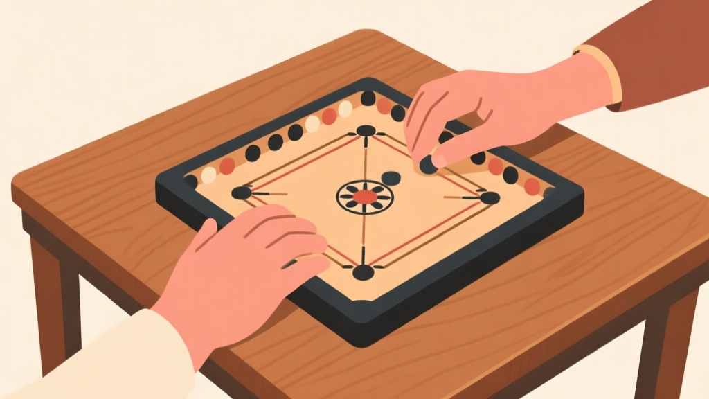 Ilustrasi minimalis dua tangan sedang bermain carrom di atas meja kayu, dengan bidikan dari atas, suasana santai namun fokus, warna hangat dan netral, gaya clean vector high quality illustration, detailed, 16:9
