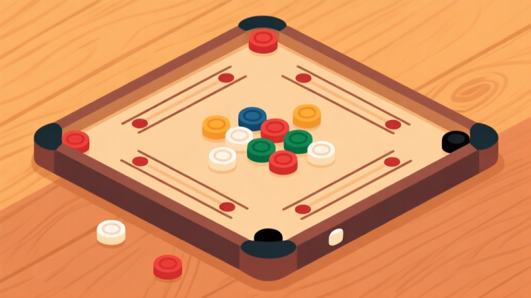 自动生成图片: Ilustrasi minimalis papan carrom dengan bidak-bidak berwarna disusun dalam formasi berbeda, latar belakang hangat warna kayu, suasana santai kumpul-kumpul, gaya clean vector high quality illustration, detailed, 16:9