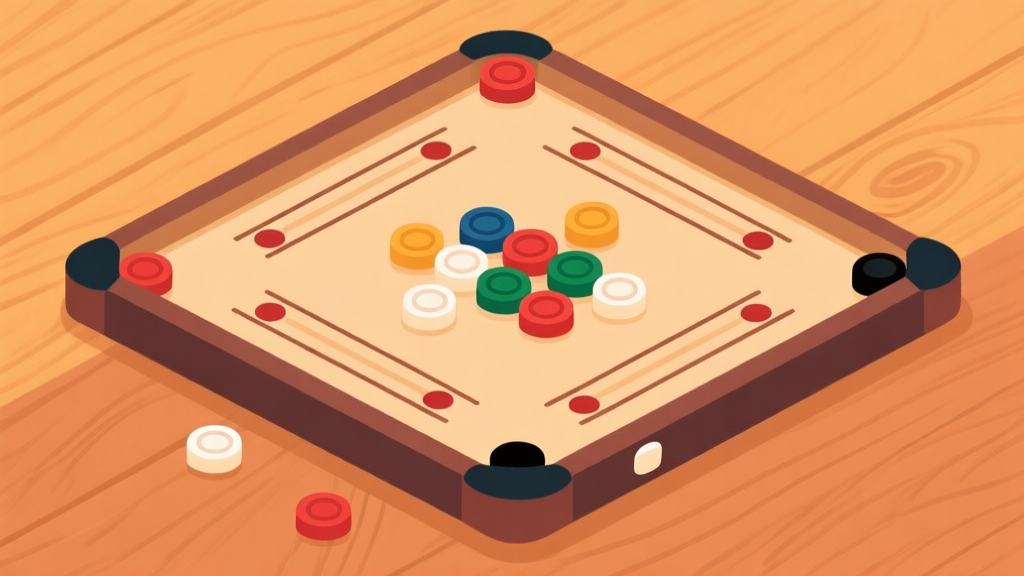 Ilustrasi minimalis papan carrom dengan bidak-bidak berwarna disusun dalam formasi berbeda, latar belakang hangat warna kayu, suasana santai kumpul-kumpul, gaya clean vector high quality illustration, detailed, 16:9
