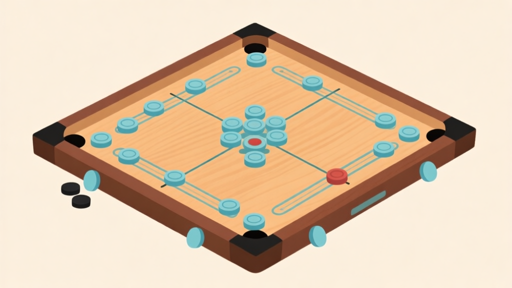 Ilustrasi papan carrom dengan bidak-bidak tersusun dalam formasi strategis, garis-garis tak terlihat menghubungkannya, gaya minimalis dengan warna kayu hangat dan aksen biru muda, konsep analisis permainan high quality illustration, detailed, 16:9