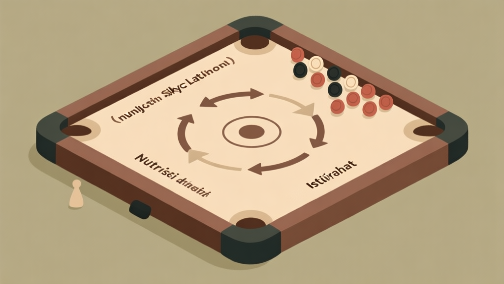 Ilustrasi minimalis papan carrom dengan bidak-bidak tersusun rapi di satu sisi dan diagram panah melingkar yang menunjukkan siklus latihan, nutrisi, dan istirahat, skema warna earth tone yang tenang, gaya desain bersih high quality illustration, detailed, 16:9