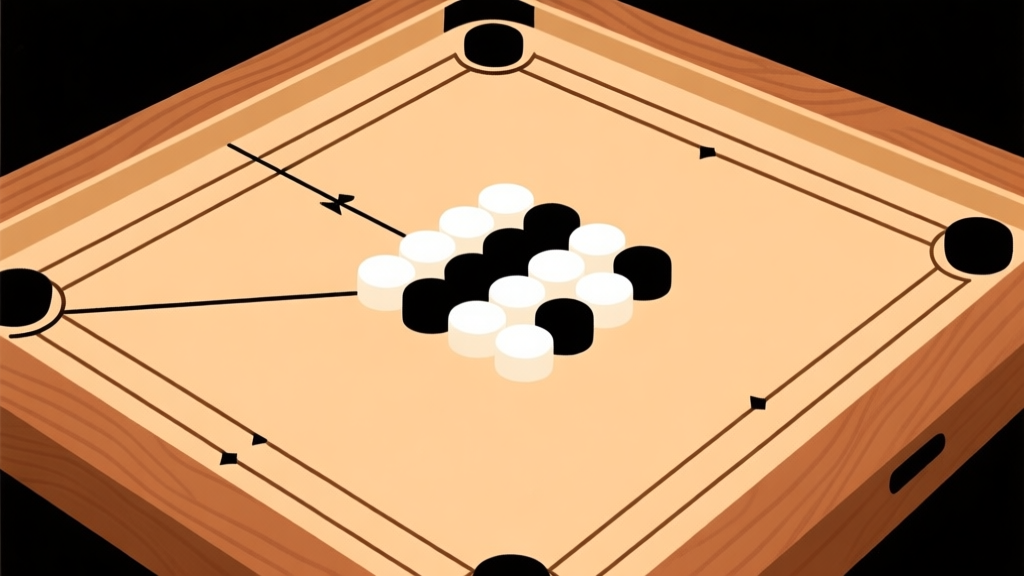 Ilustrasi minimalis papan carrom dengan bidak putih dan hitam tersusun rapi di tengah, ditunjukkan garis bidik dan sudut pantul yang sederhana, skema warna kayu hangat dan bidak kontras, desain bersih untuk konsep dasar high quality illustration, detailed, 16:9