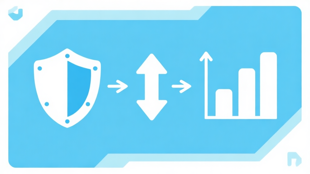 Ilustrasi diagram alur sederhana dengan ikon perisai, panah naik-turun, dan grafik batang, skema warna biru muda dan putih, desain minimal bersih, gaya infografis game high quality illustration, detailed, 16:9