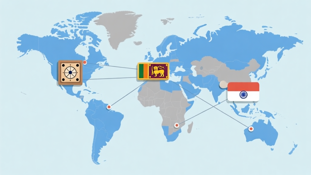 Peta dunia minimalis dengan ikon papan carrom dan bidak di atas negara-negara seperti India, Sri Lanka, dan Indonesia, skema warna biru muda dan abu-abu, garis alur tipis menghubungkan titik-titik, gaya infografis bersih high quality illustration, detailed, 16:9