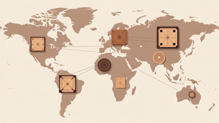 自动生成图片: Ilustrasi peta dunia abstrak dengan beberapa papan carrom yang berbeda ukuran dan gaya menempati benua yang berbeda, dihubungkan oleh garis-garis tipis, skema warna earth tone yang soft, desain minimalis clean high quality illustration, detailed, 16:9