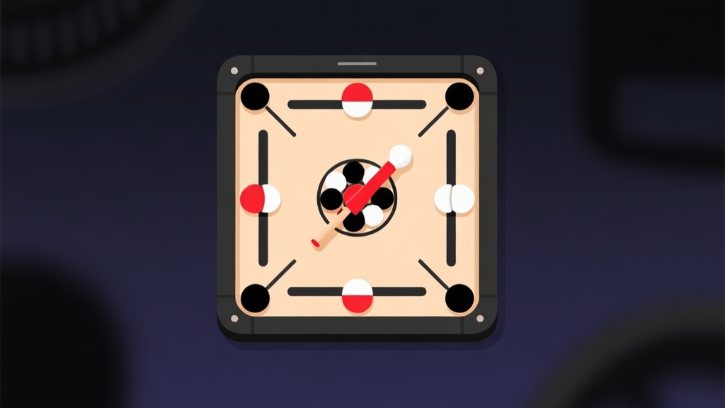 Ilustrasi minimalis papan carrom digital dengan bidak berwarna hitam, putih, dan striker merah di tengah, latar belakang gelap lembut, gaya UI game mobile yang bersih high quality illustration, detailed, 16:9