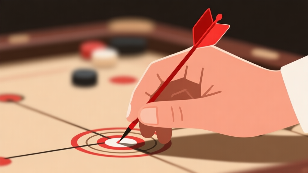 Ilustrasi minimalis tangan pemain carrom yang sedang membidik, dengan panah merah menunjukkan sudut yang salah, latar belakang papan carrom yang blur, gaya clean dan profesional, skema warna earth tone high quality illustration, detailed, 16:9