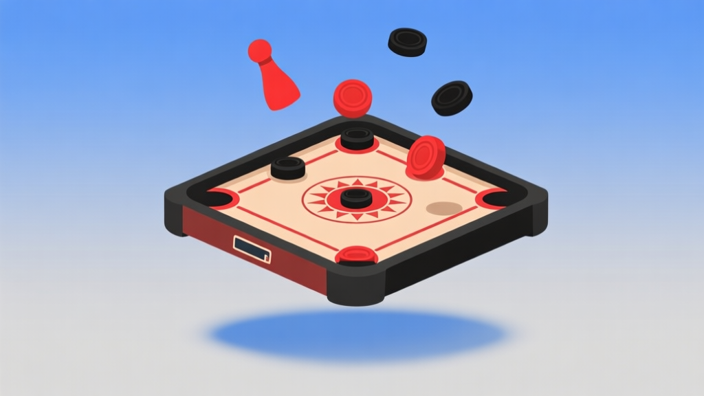 Ilustrasi grafis minimalis papan carrom digital dengan bidak-bidak berwarna merah dan hitam melayang di atasnya, latar belakang gradien lembut biru dan abu-abu, gaya visual bersih dan modern, mewakili kebangkitan game klasik dalam bentuk digital high quality illustration, detailed, 16:9