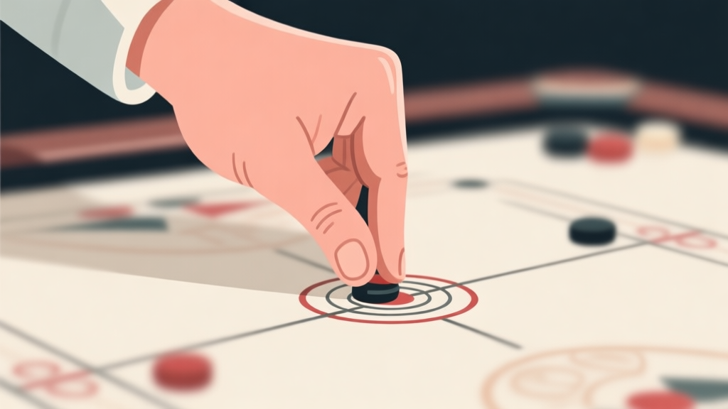 Ilustrasi close-up tangan memegang striker carrom dengan benar, menunjukkan posisi jari dan sudut, latar belakang papan carrom yang blur, gaya gambar clean vector, warna netral high quality illustration, detailed, 16:9