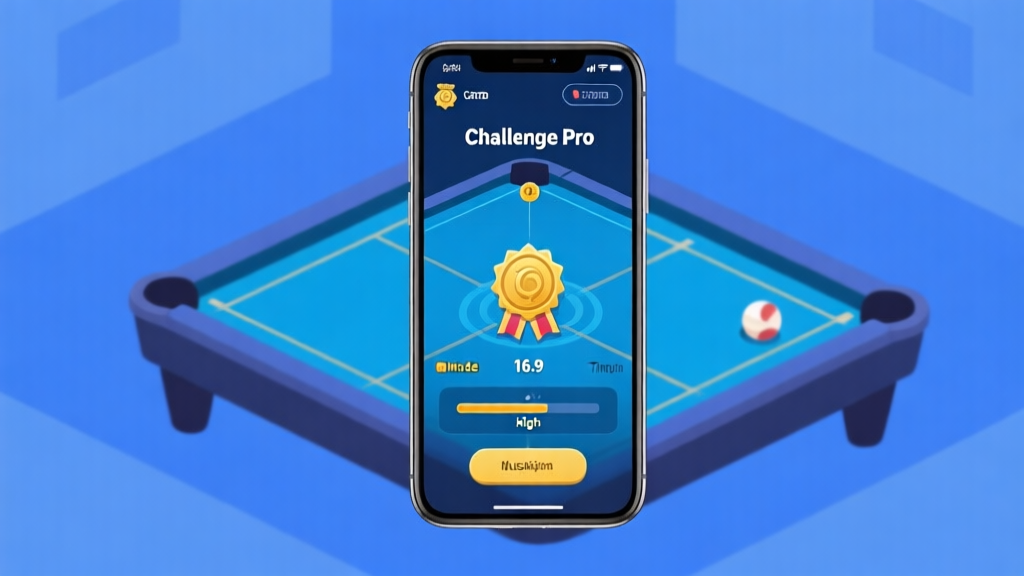 Ilustrasi layar ponsel dengan antarmuka game Carrom, menunjukkan mode 'Challenge Pro' yang disorot, dengan ikon medali dan tingkat kesulitan tinggi, gaya flat design minimalis, skema warna biru dan emas high quality illustration, detailed, 16:9