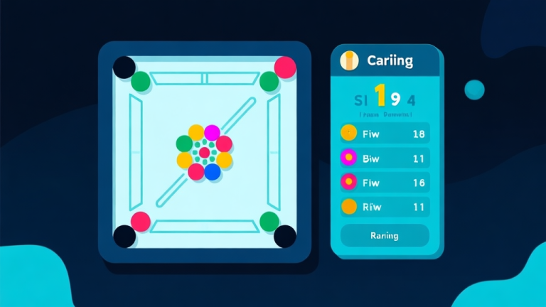 自动生成图片: Ilustrasi grafis minimalis papan carrom digital dengan bidak berwarna-warni dan skor ranking di sampingnya, latar belakang gelap dengan aksen biru muda, gaya UI game modern high quality illustration, detailed, 16:9