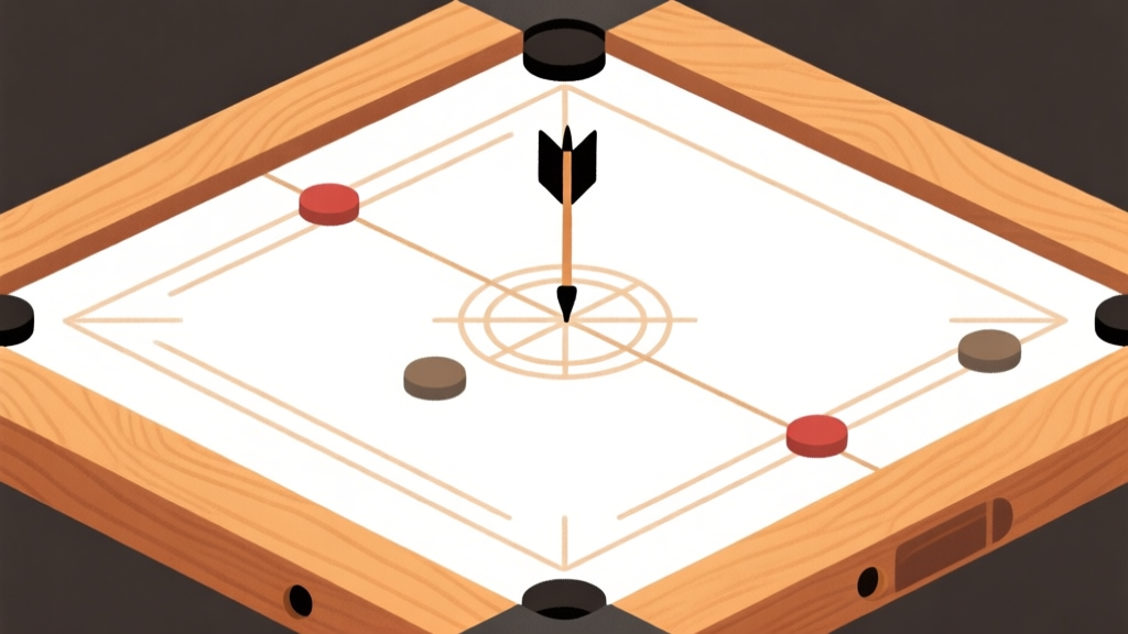 Ilustrasi minimalis papan carrom dengan panah dan garis lintasan tembakan, skema warna kayu hangat dan putih, desain bersih yang fokus pada geometri dan sudut, gaya diagram instruksional high quality illustration, detailed, 16:9