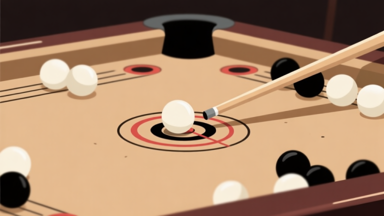 自动生成图片: Ilustrasi close-up papan carrom dengan bidak putih dan hitam dalam posisi sulit, fokus pada striker dan satu bidak target, suasana turnamen dengan cahaya dramatis, gaya minimalis clean, skema warna earth tone high quality illustration, detailed, 16:9