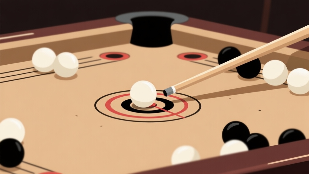 Ilustrasi close-up papan carrom dengan bidak putih dan hitam dalam posisi sulit, fokus pada striker dan satu bidak target, suasana turnamen dengan cahaya dramatis, gaya minimalis clean, skema warna earth tone high quality illustration, detailed, 16:9